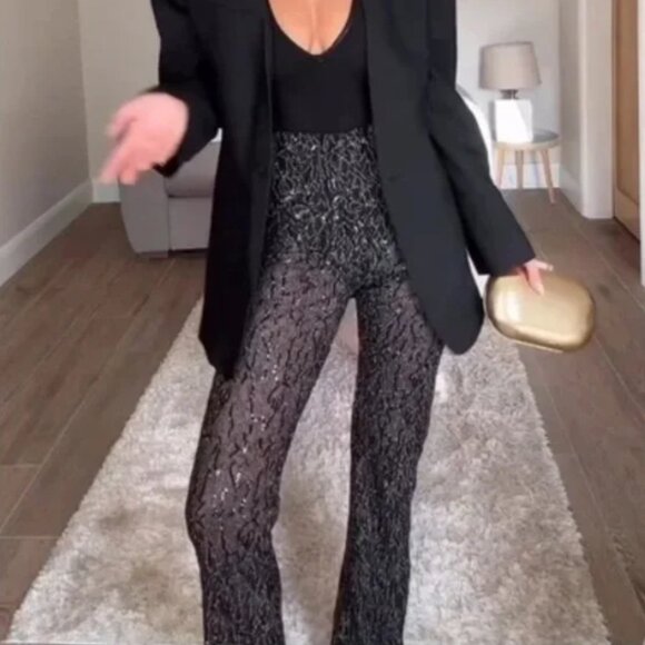 NWT FLARED SEMI-SHEER BLACK SEQUIN LEGGINGS BLOGGERS FAV